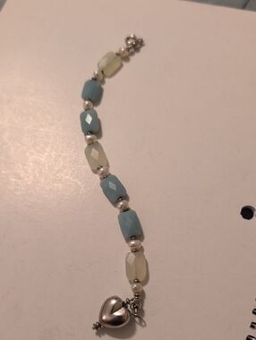 Handmade Sterling Silver Blue and White Stone Bracelet with Silver Heart  8 Inch